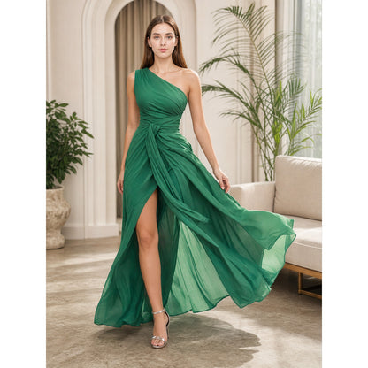 Emerald Green One-Shoulder Evening Dress