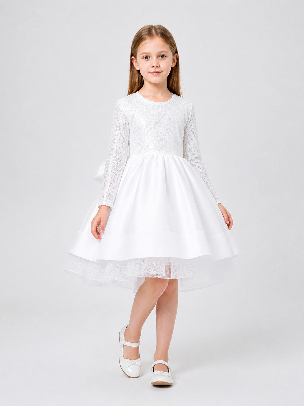 White Sequin Princess Dress for Girls with Long Sleeves Costume Dresses detail