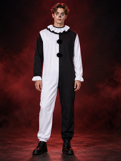 Black and white clown costume with pom-poms and ruffled collar