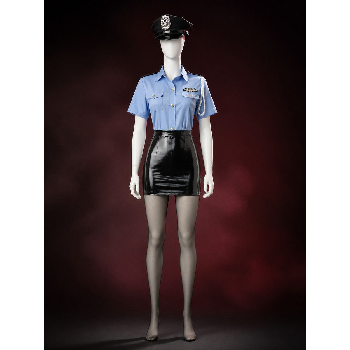Women's Sexy Police Officer Costume Set, Light Blue Top with Black Skirt and Tie main product view