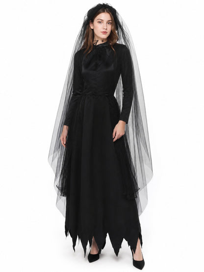 Black Gothic Long Dress with Veil Costume Dresses detail