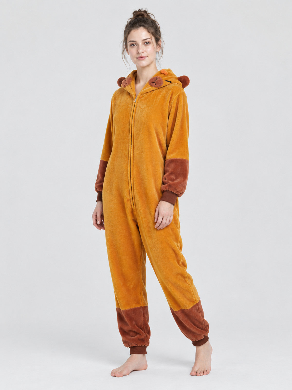 Hooded Pajama Jumpsuit with Ears, Golden Orange