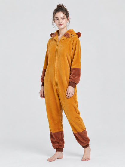 Hooded Pajama Jumpsuit with Ears, Golden Orange