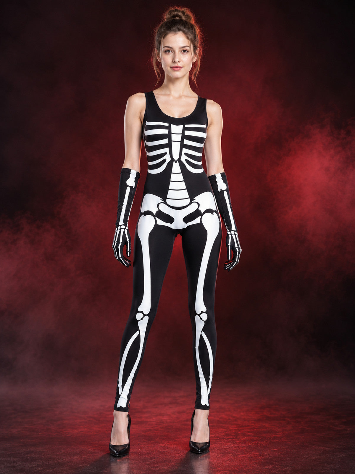 Black and white skeleton costume with gloves