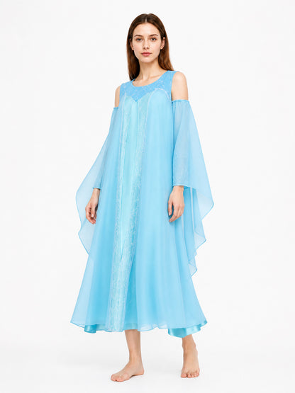 Long Light-Blue Dress with Off-the-Shoulder Neckline and Sleeves Costume Dresses detail