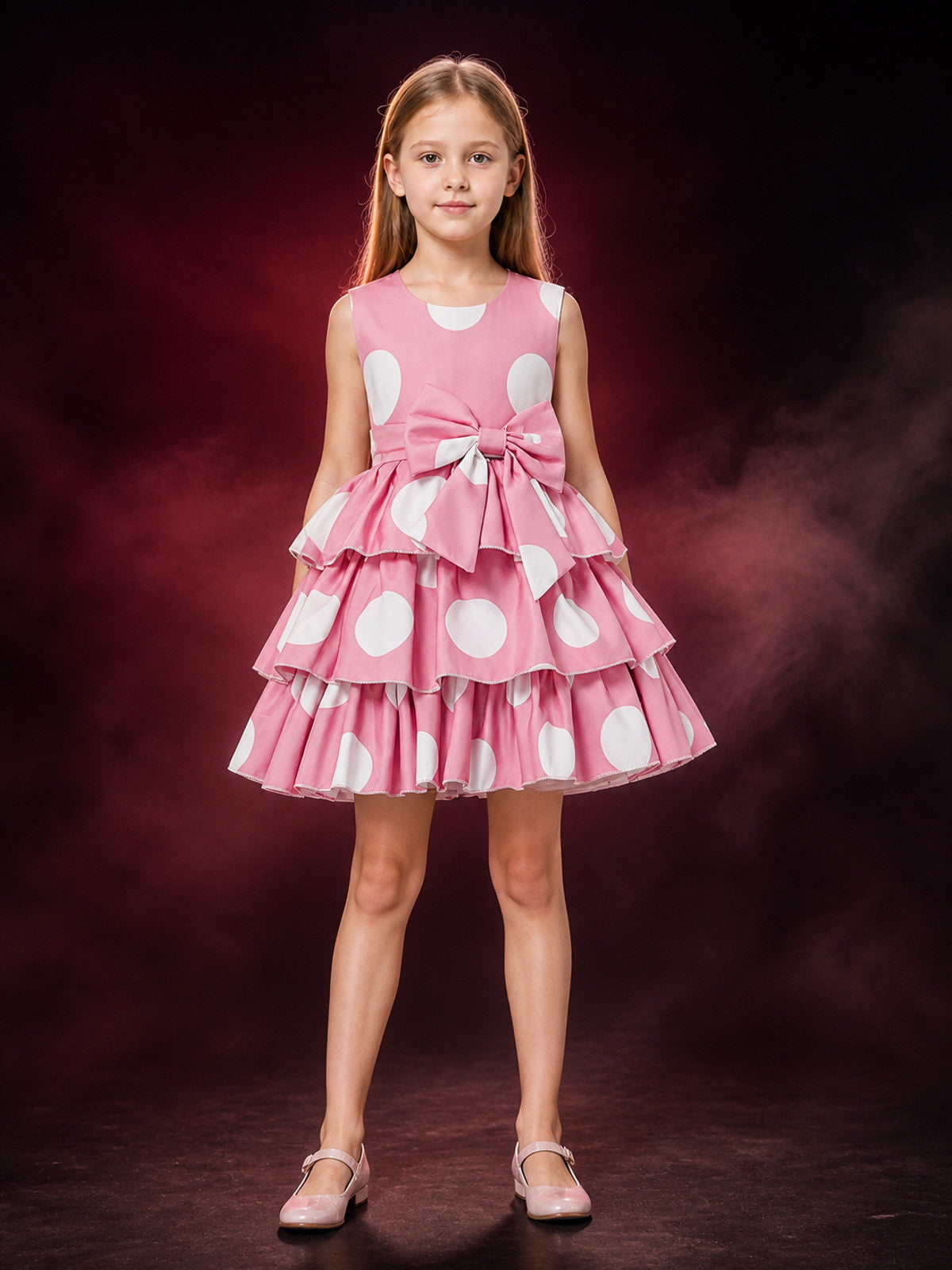 Girls' Pink Polka Dot Princess Dress with Bow and Ruffle Skirt main product view