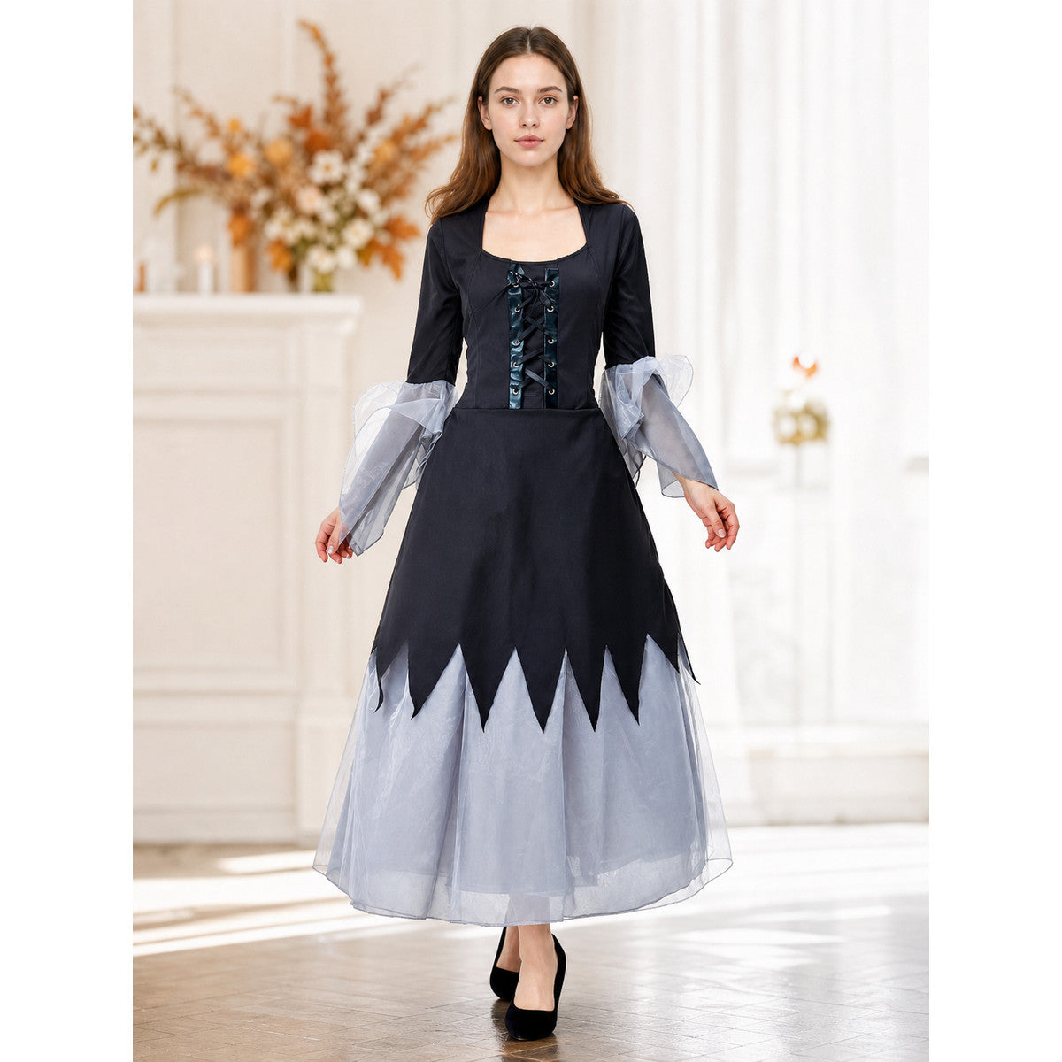 Gothic Black and Gray Lace-Up Cosplay Dress