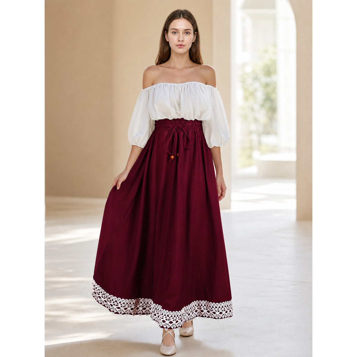 Long burgundy A-line skirt with drawstring lifestyle