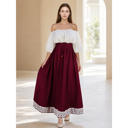 Long burgundy A-line skirt with drawstring lifestyle