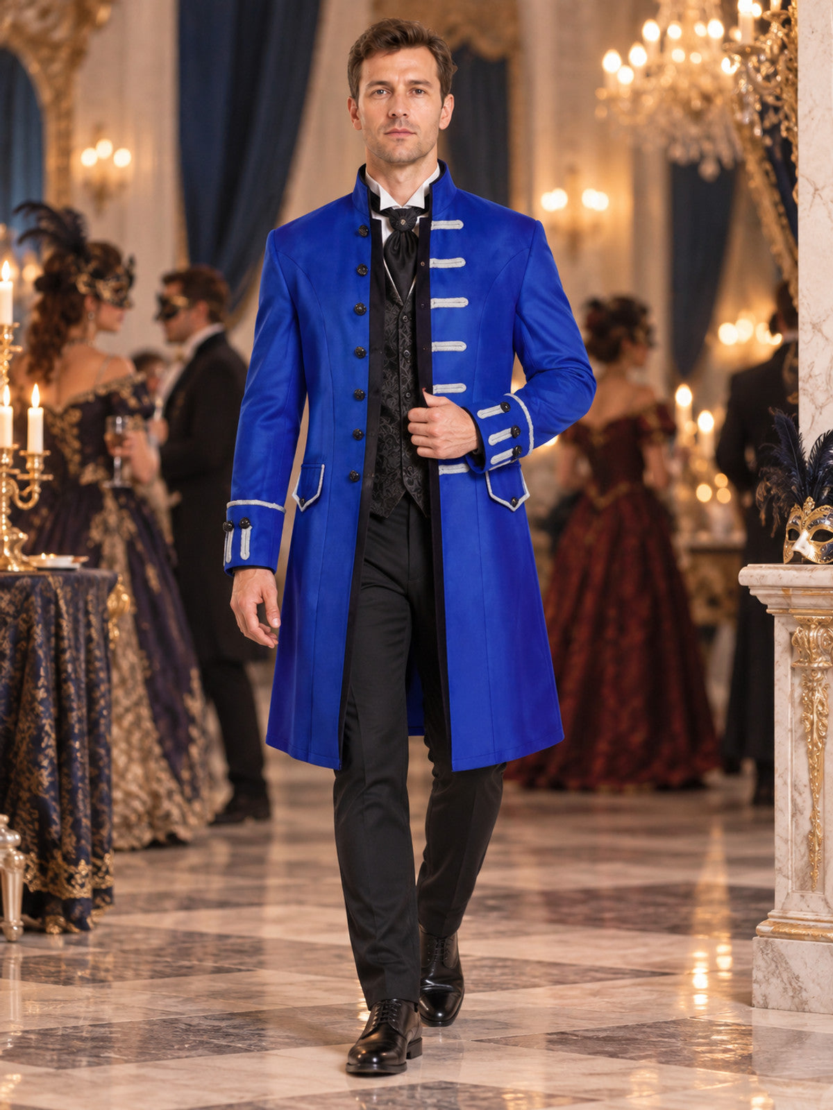 Long blue frock coat with black trim and stand collar
