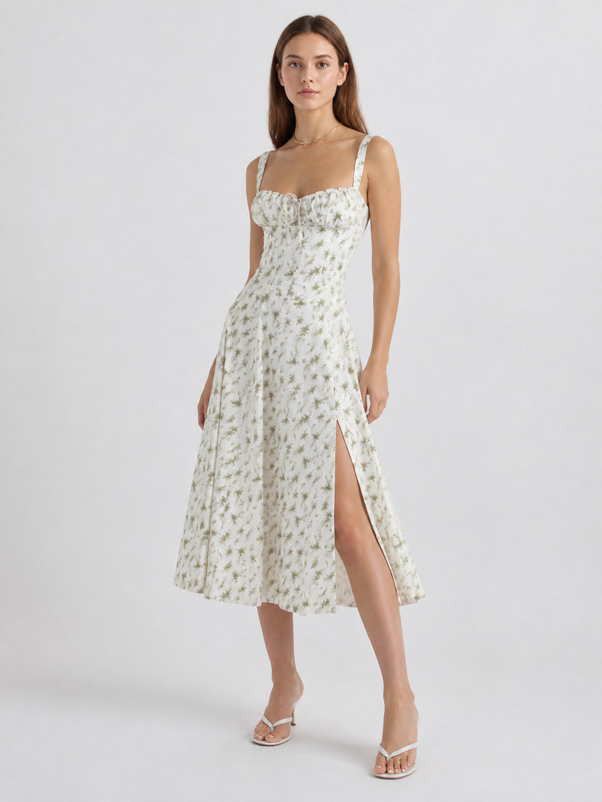 Midi Dress with Spaghetti Straps, Slit, and Floral Print Costume Dresses detail