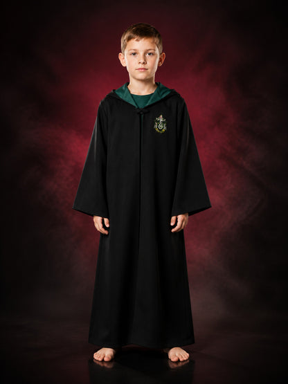 Kids' Slytherin-Themed Hooded Wizard Robe Costume, Black And Green Long-Sleeve