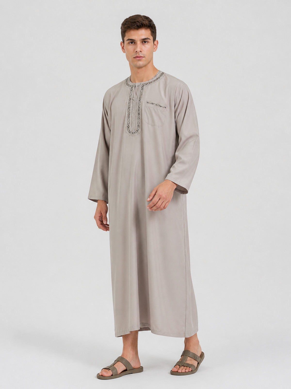 Modest Traditional Long Embroidered Robe, Loose Full-Length Design, Long Sleeves, Collarless Round Neck, Religious and Cultural Wear lifestyle view