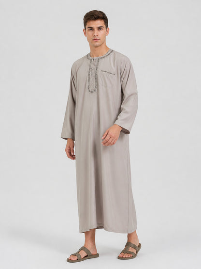 Modest Traditional Long Embroidered Robe, Loose Full-Length Design, Long Sleeves, Collarless Round Neck, Religious and Cultural Wear lifestyle view