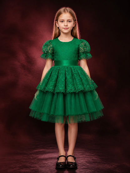 Girls' Dark Green Princess Party Dress with Lace Trim and Puff Sleeves main product view