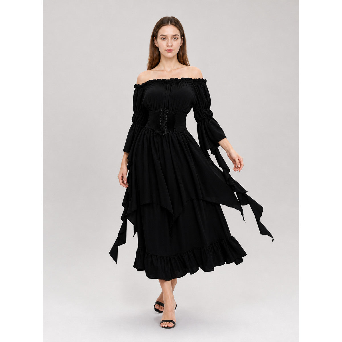 Black Gothic Maxi Dress with Corset Lacing