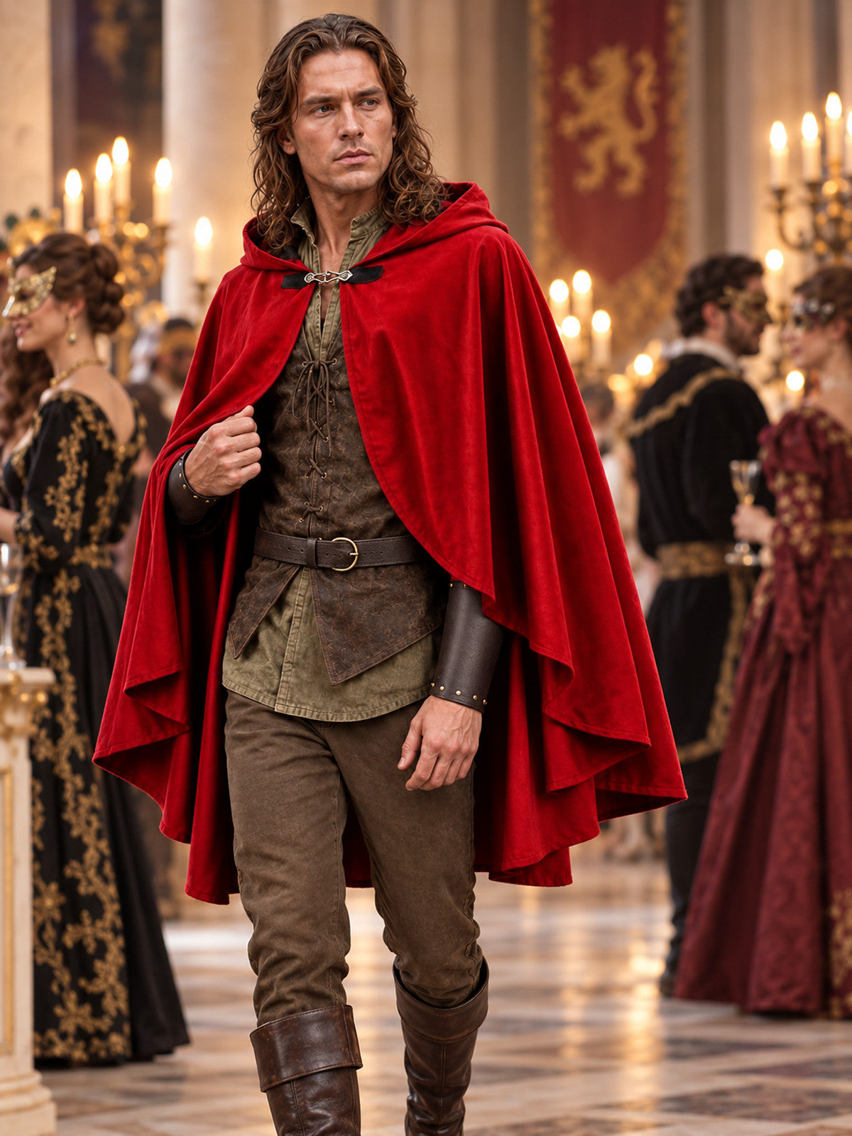 Medieval Costume with a Red Cape, Hood, and Belt
