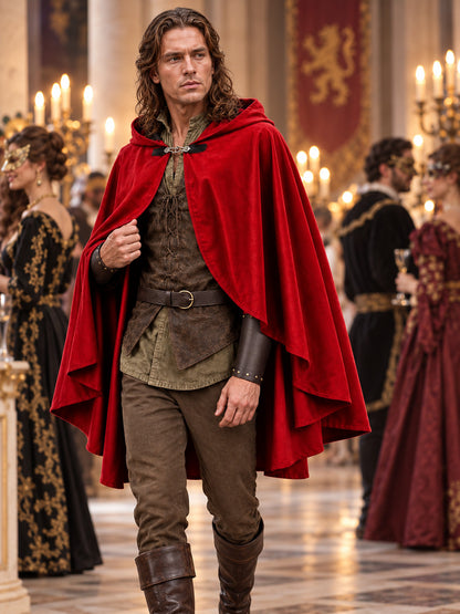Medieval Costume with a Red Cape, Hood, and Belt