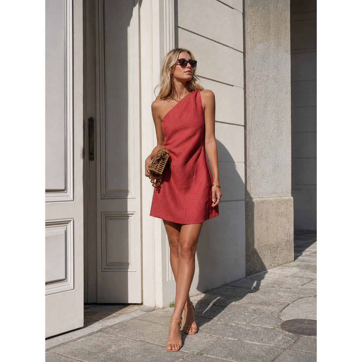 Women's Red Short One-Shoulder Dress