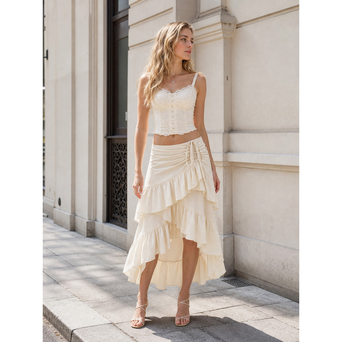 Skirt with an Asymmetric Tiered Flounce and Shirring