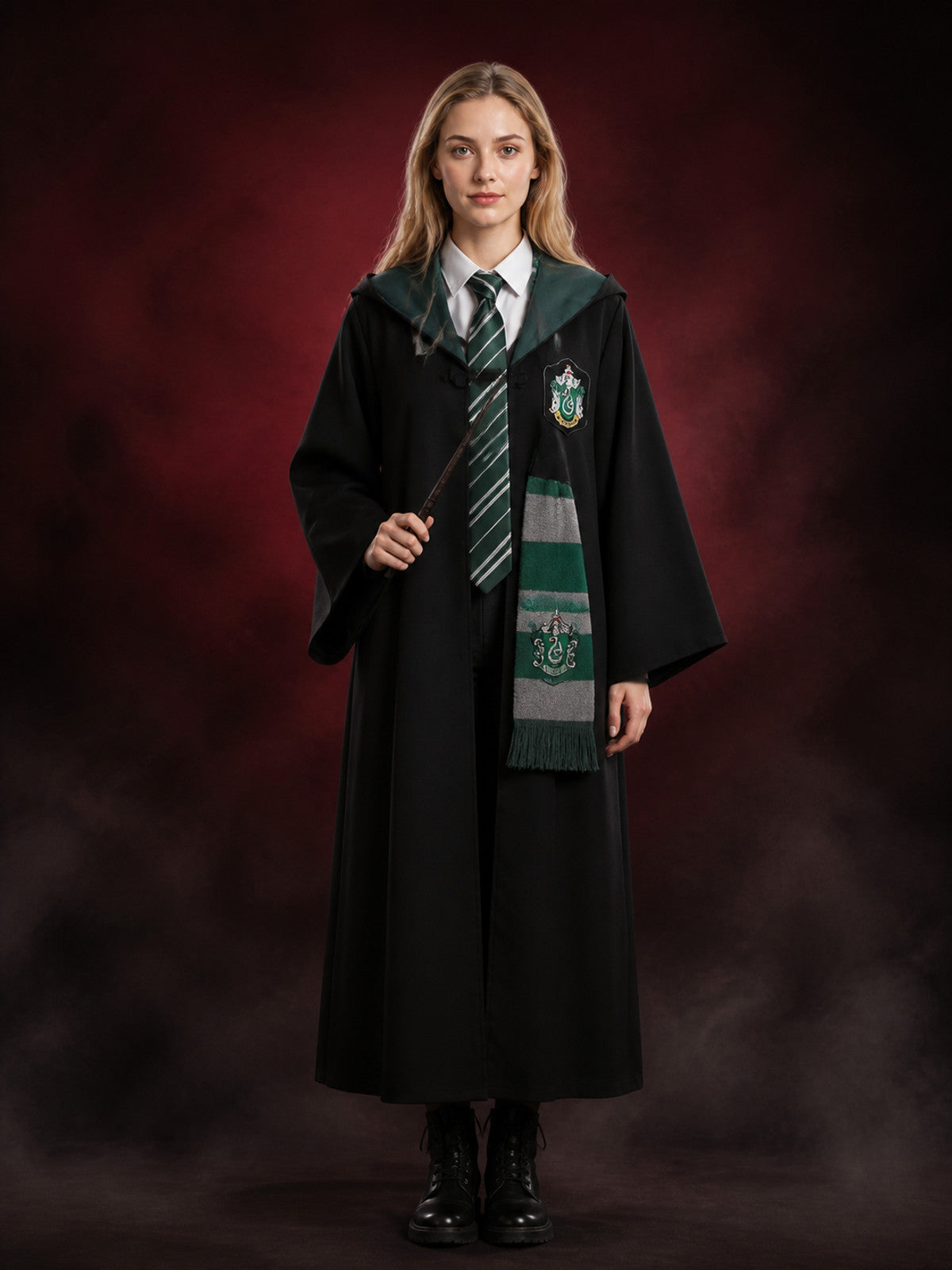 Green And Gray Wizard Costume Set With Robe, Tie And Scarf