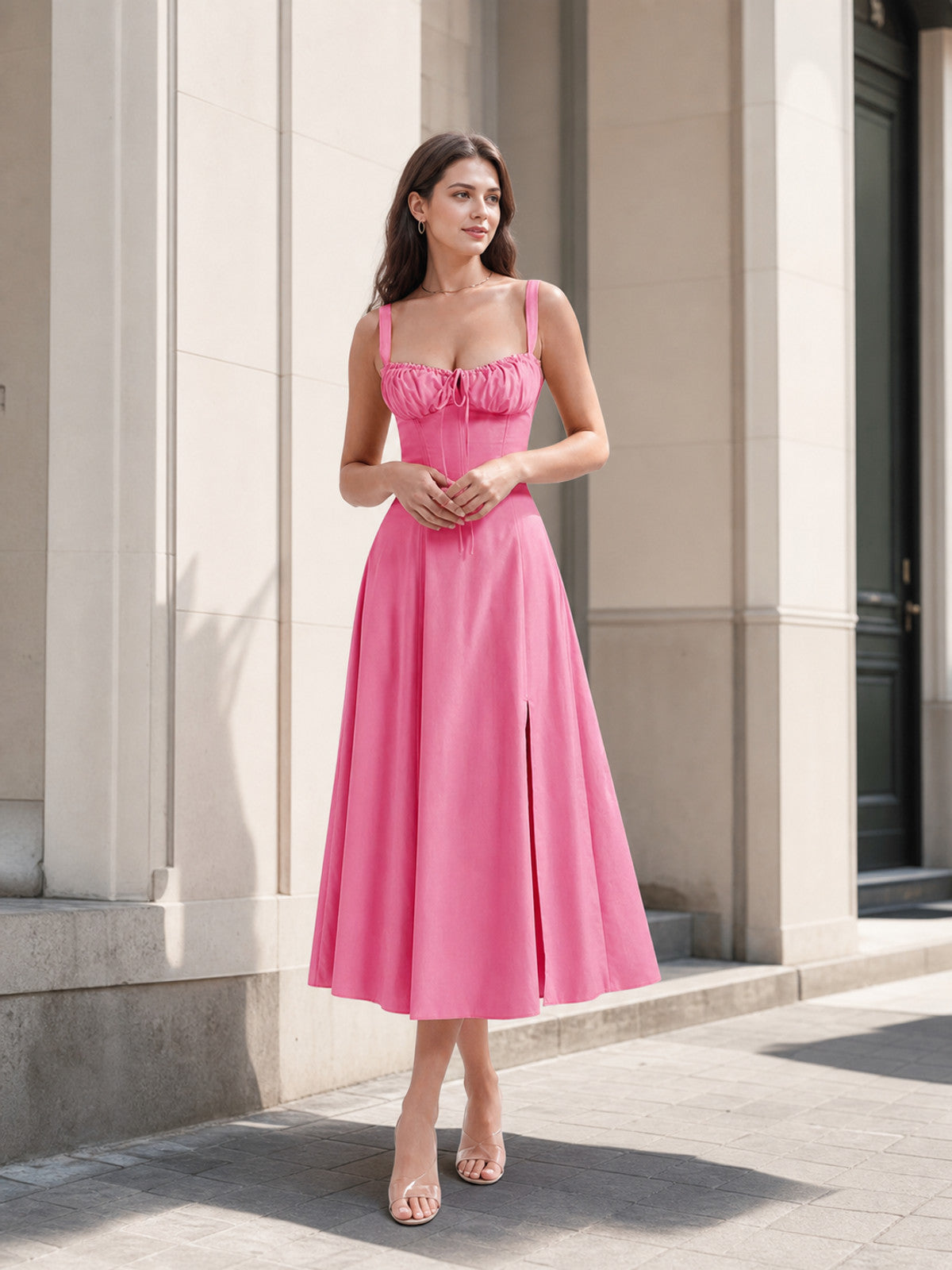 Pink Tie-Front Spaghetti-Strap A-Line Dress