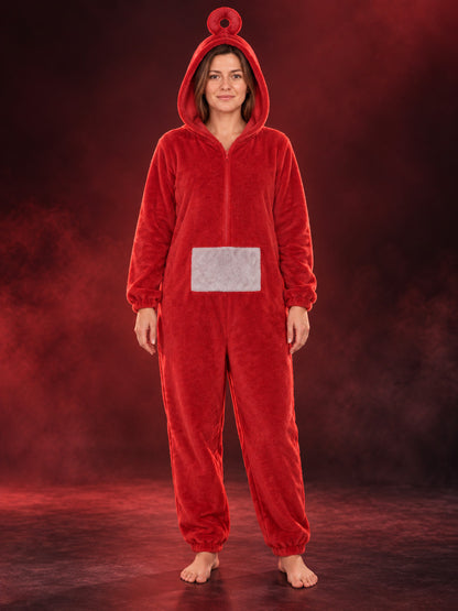 Red Flannel Hooded One-Piece Pajamas for Home main product view