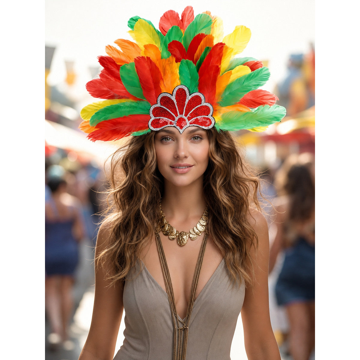 Feather carnival headpiece with red, green, yellow, and orange feathers and a beaded red center, worn by a woman in a street scene