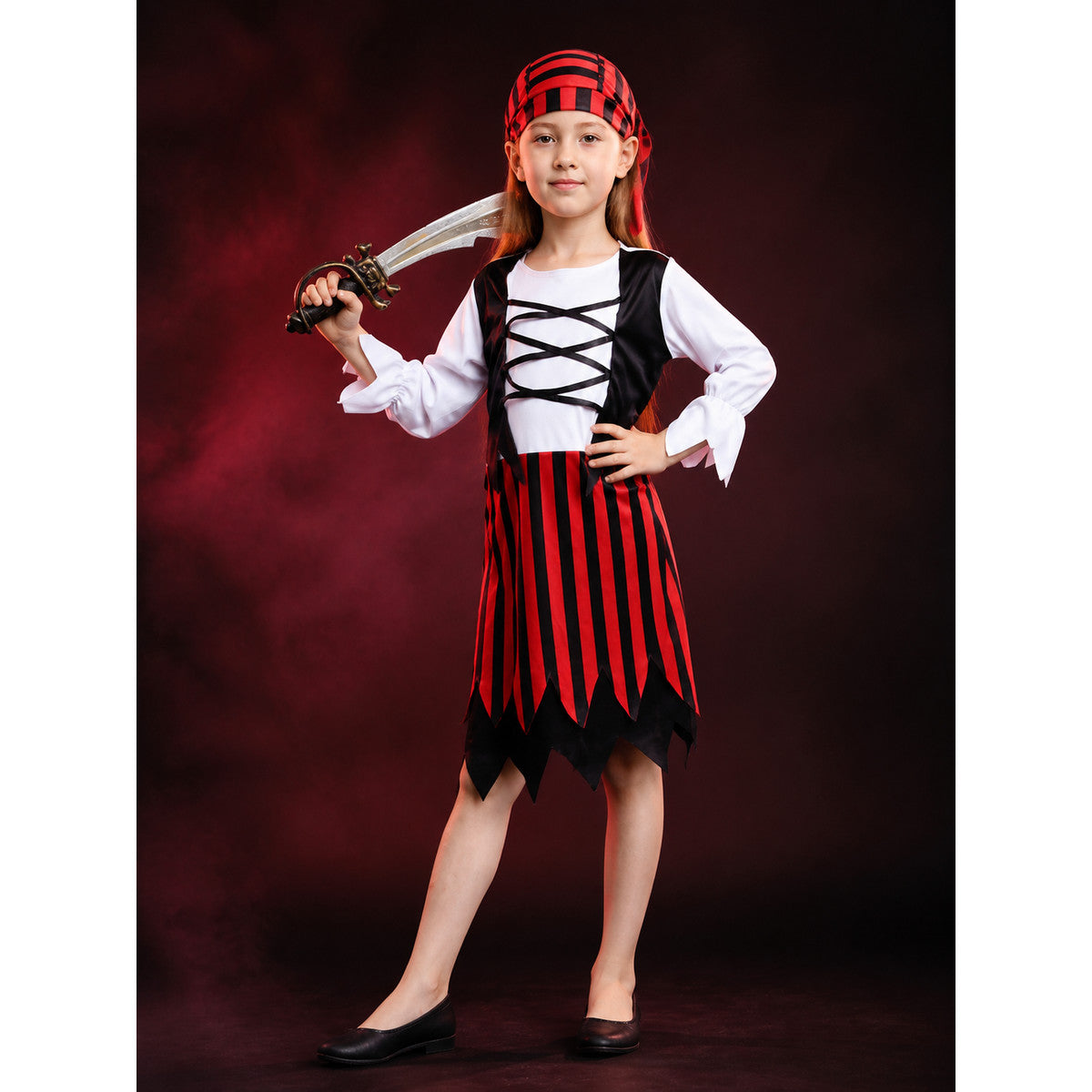 Kids' Red Black Pirate Costume Set with Striped Skirt and Hat, Halloween Outfit lifestyle