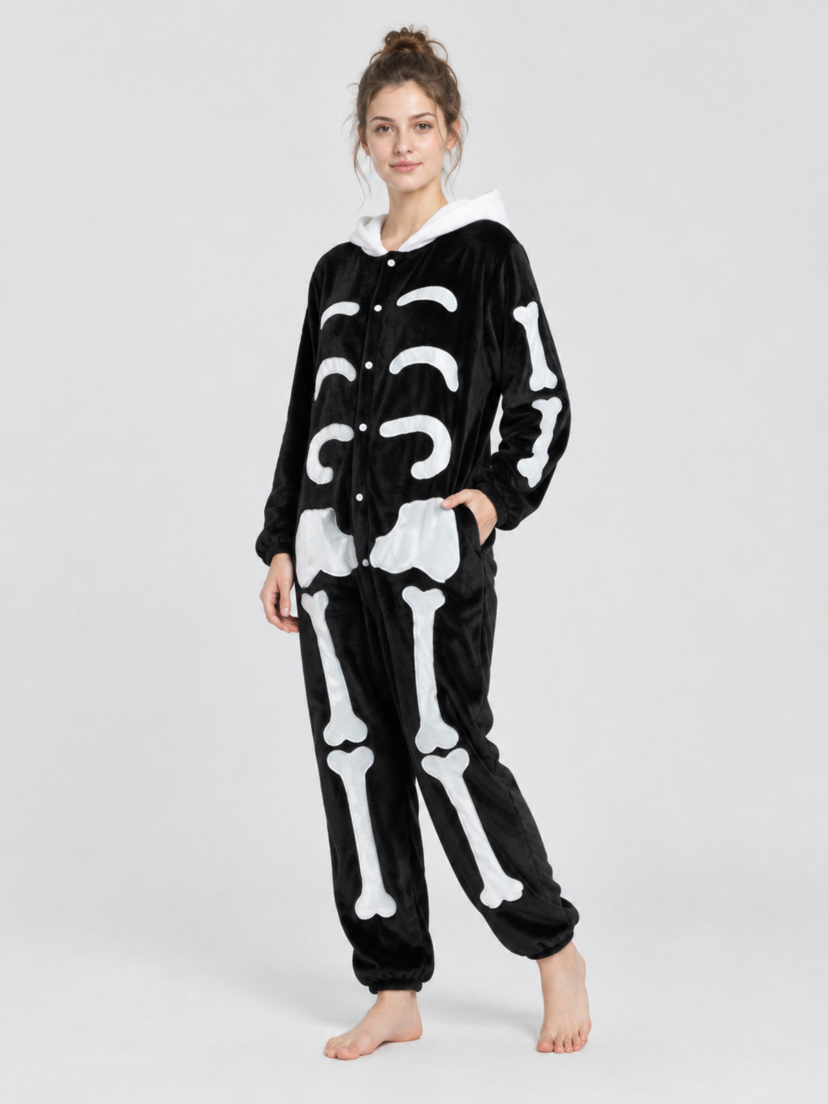 Pajama Jumpsuit with White Hood and Bone Print