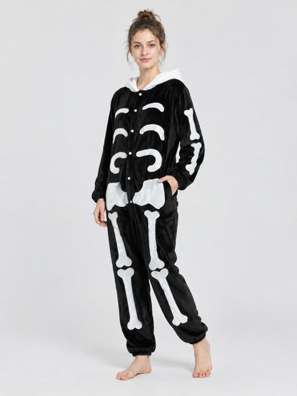 Pajama Jumpsuit with White Hood and Bone Print