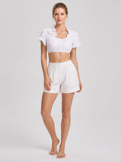 White Cropped Top with Lace Ruffles and Puff Sleeves product detail