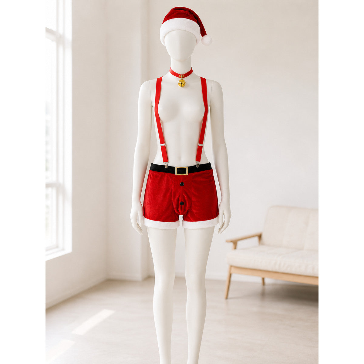 Red Christmas Shorts with White Trim and Suspenders