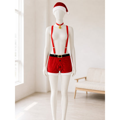 Red Christmas Shorts with White Trim and Suspenders