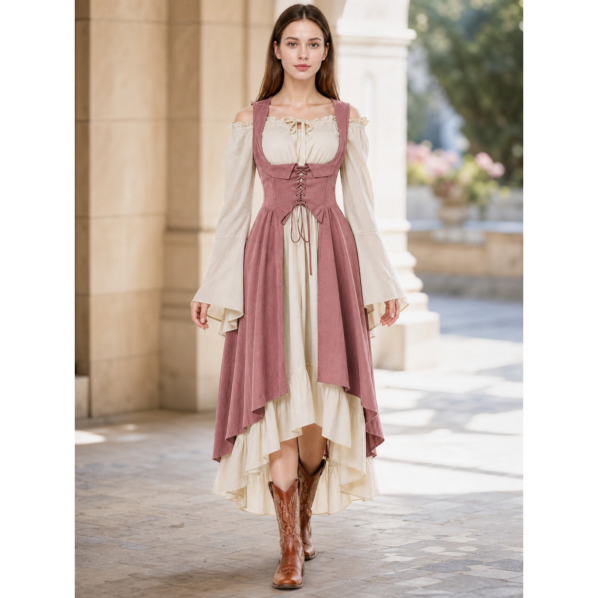 Renaissance-Style Dress with Corset Bodice and Ruffles