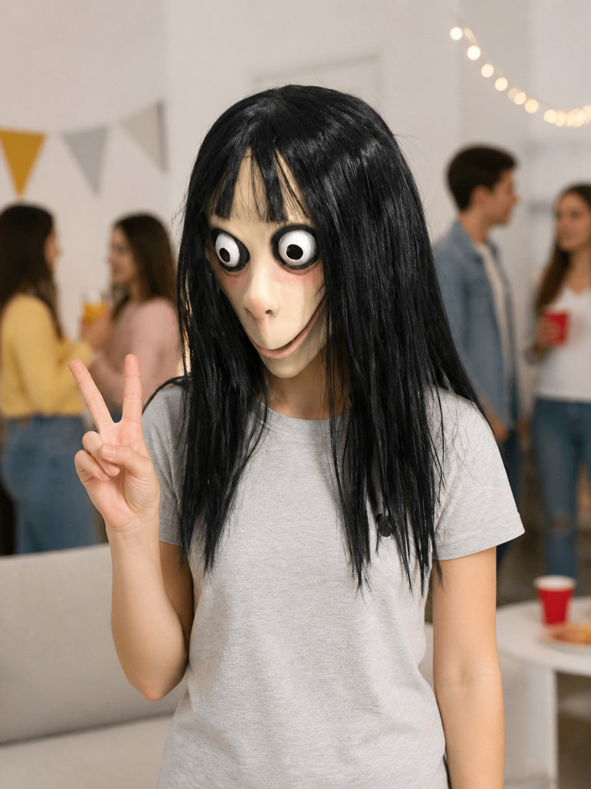 Scary Carnival Mask with Long Black Hair lifestyle view