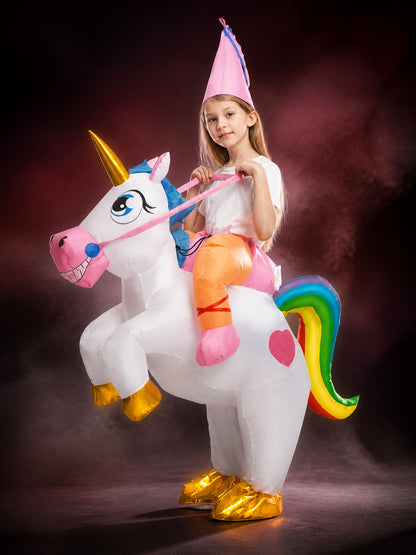 Unicorn Inflatable Costume With Rainbow Tail And Gold Horn