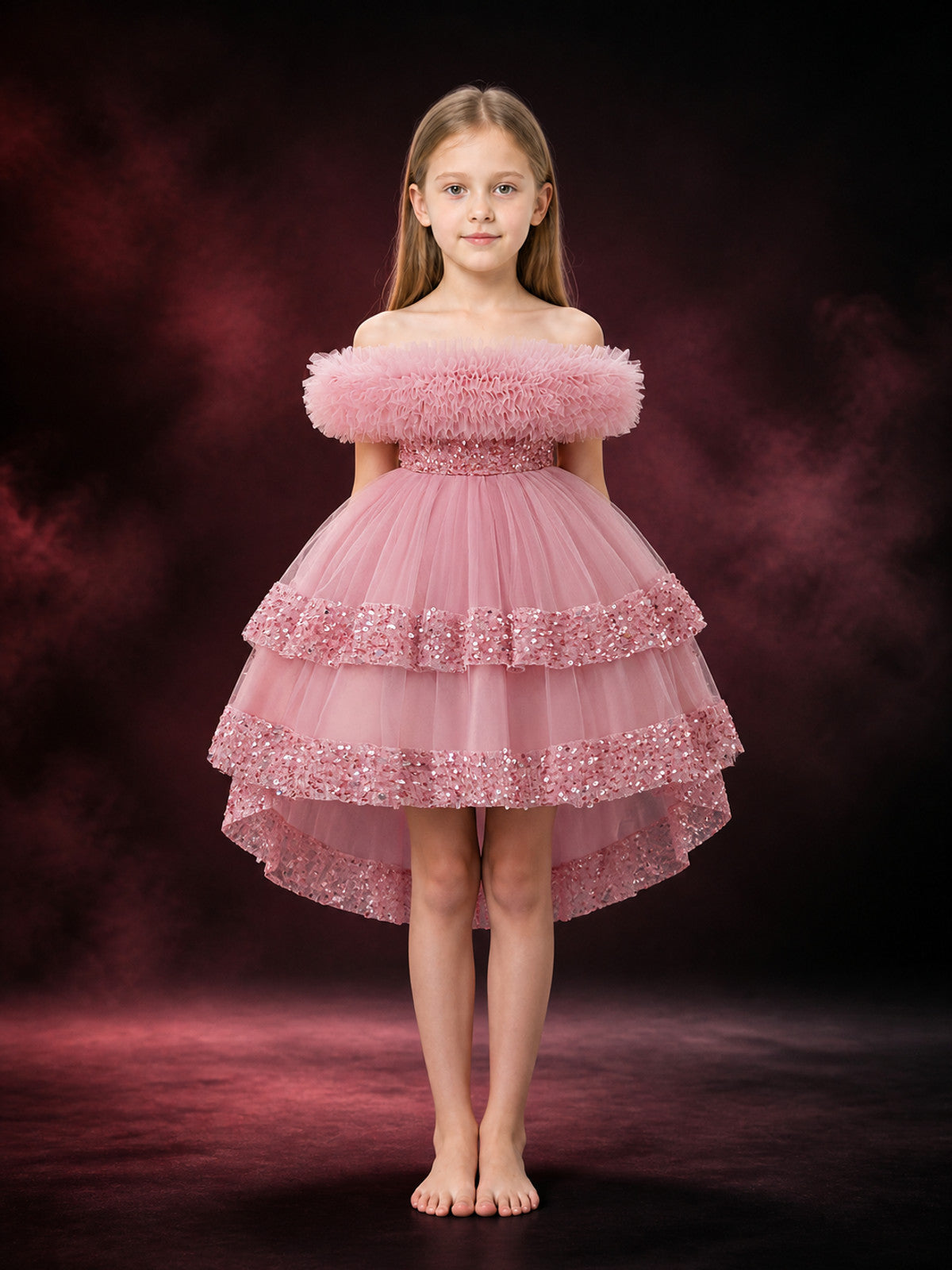 Girls' Princess Tulle Dress with Sequin Waistband and Layered Tutu Skirt
