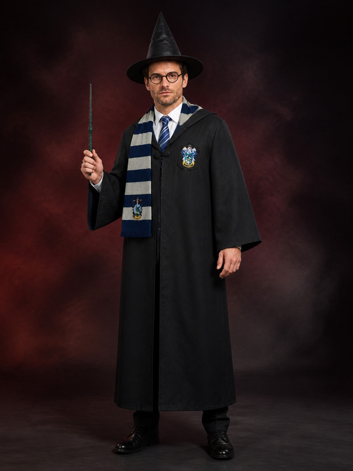 Wizard Costume Set with Robe, Hat, Glasses, Wand, Scarf and Tie main product view