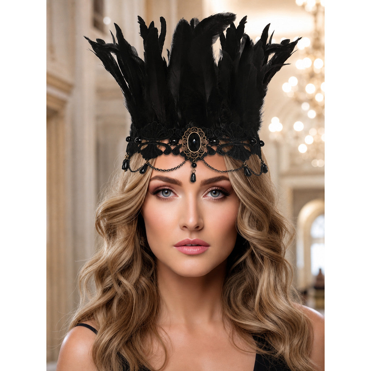Carnival Feather and Lace Headpiece lifestyle