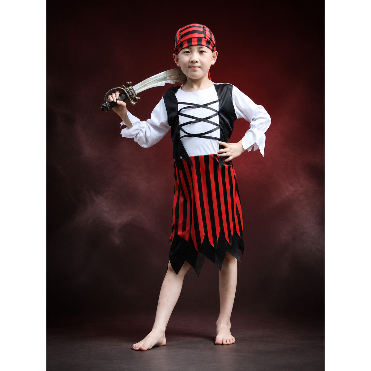 Children's Pirate Costume Set - Red Black Striped Dress & Hat for Halloween main product view