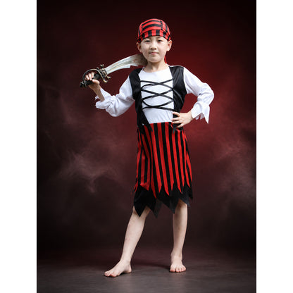 Children's Pirate Costume Set - Red Black Striped Dress & Hat for Halloween main product view