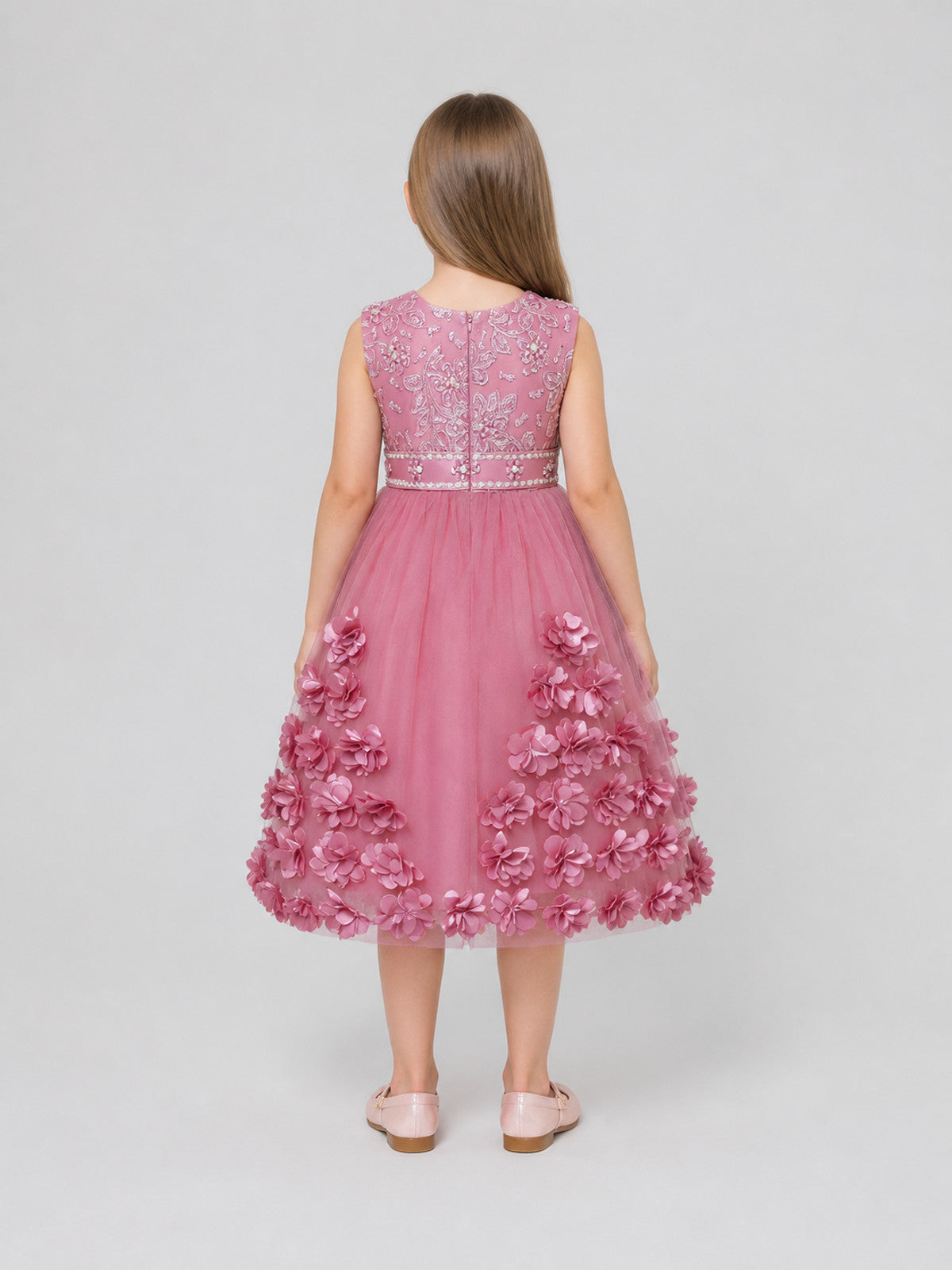 Fancy Full-Skirt Dress with Embroidery and Floral Decoration back view