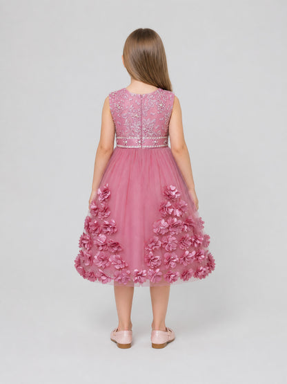 Fancy Full-Skirt Dress with Embroidery and Floral Decoration back view