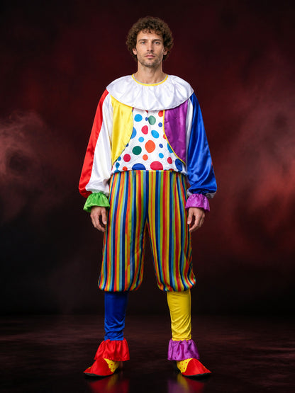 Adult Clown Costume Set - Multicolor Polka Dot Jumpsuit with Striped Pants and