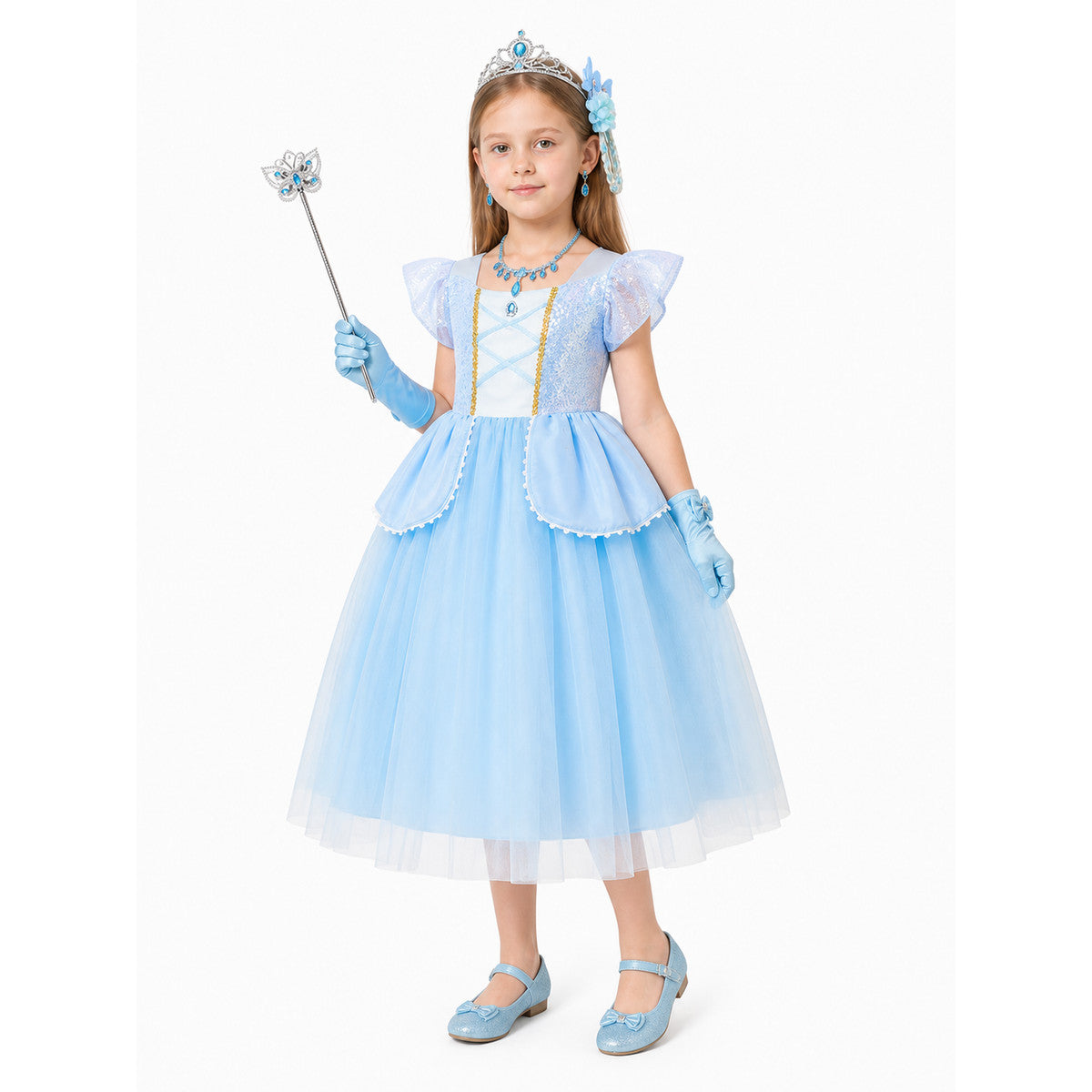Blue Princess Ball Gown with Accessories Costume Dresses detail