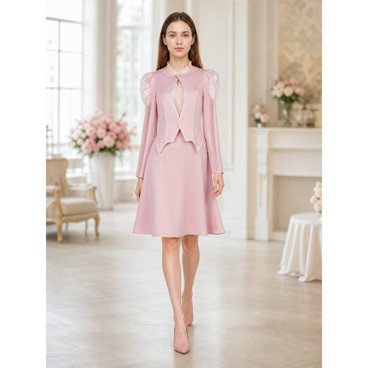 Glinda Cosplay Costume, Pink Dress with Puff Sleeves