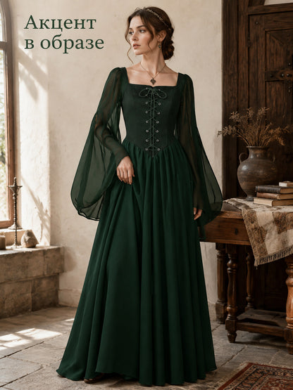 Green Dress with Lace-Up Detail and Flared Sleeves Costume Dresses detail