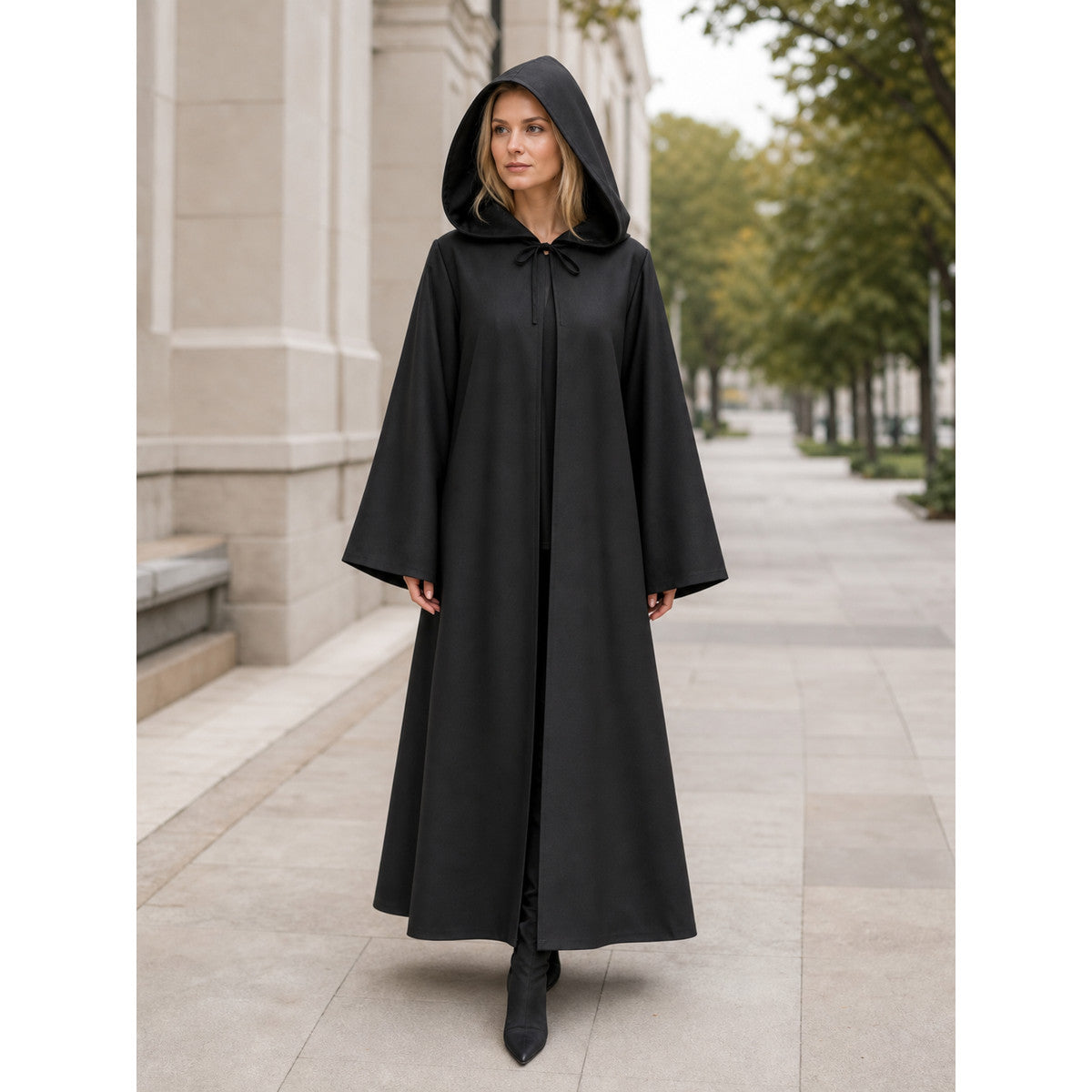 Black Hooded Carnival Cloak, Medieval Style lifestyle view