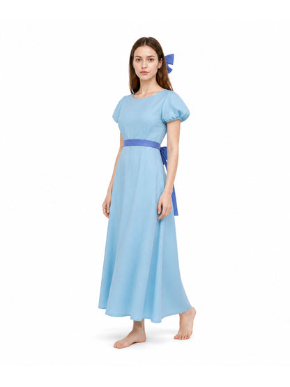 Long Light Blue Dress with Belt and Ties